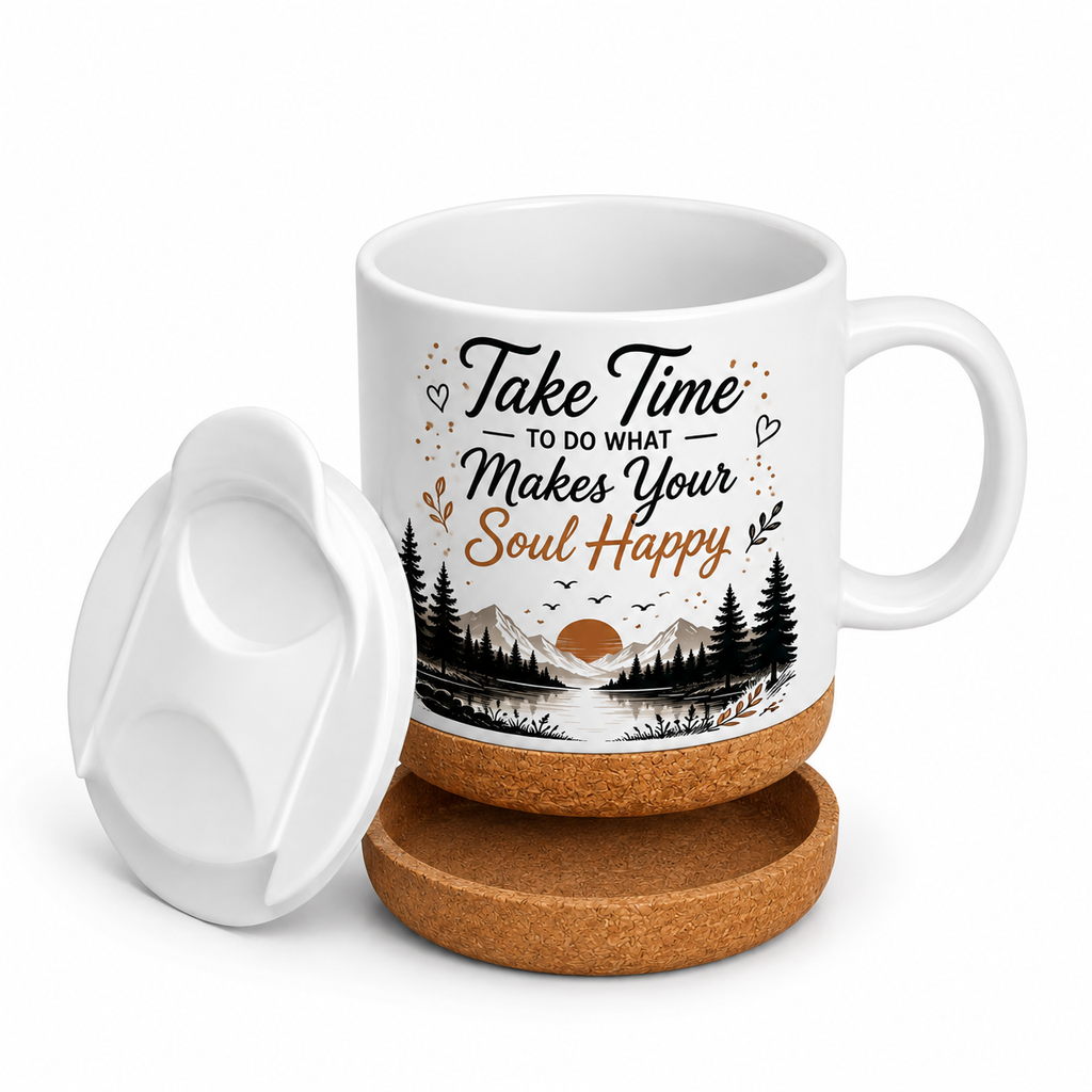 sublimation ceramic coffee mug with cork base & splash - proof Lid