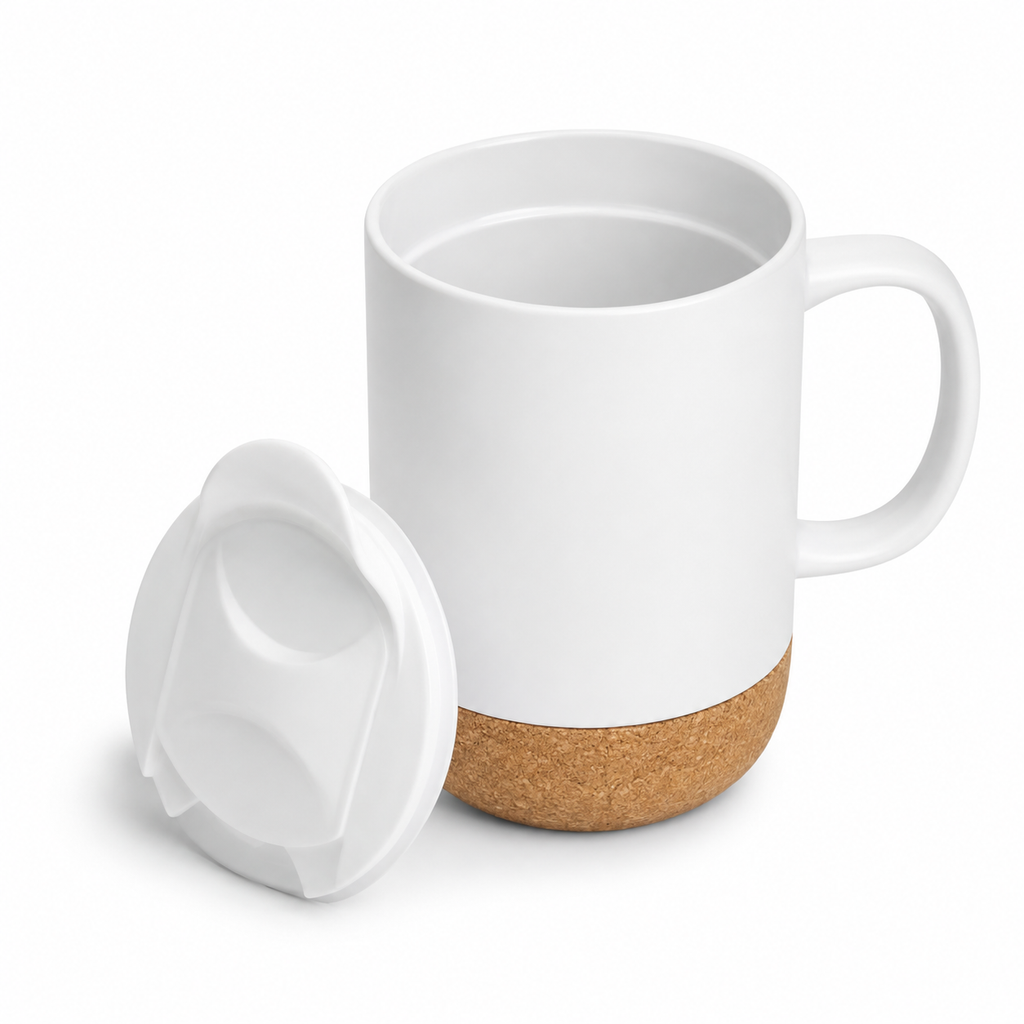 sublimation ceramic coffee mug with cork base & splash - proof Lid